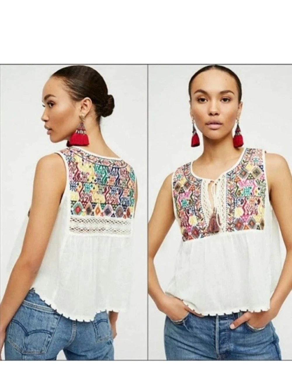 Free People Lohri colorful embroidered cord tassels boxy tank blouse Sz L